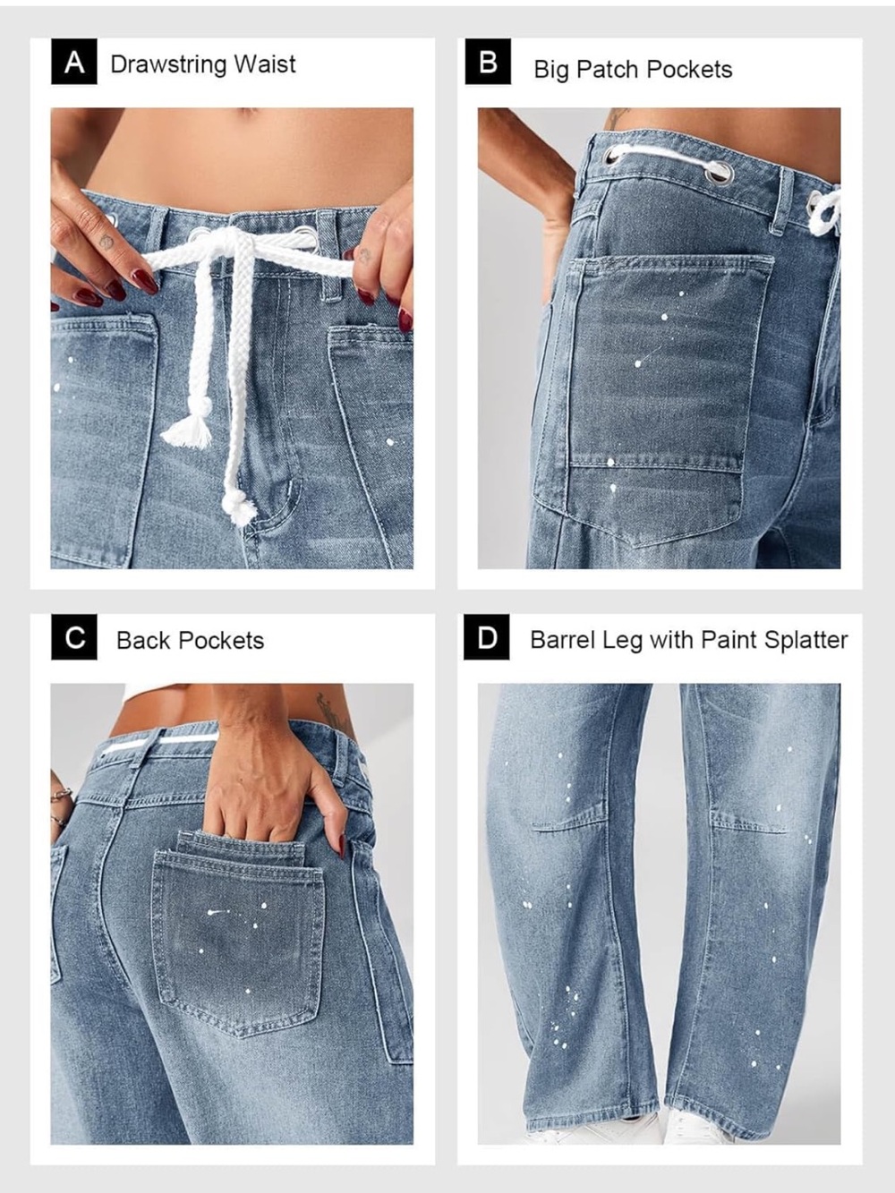Blue Barrel Jeans with Drawstring, Front Pocket, + Vintage Denim- SIZE 2 NEW - Picture 6 of 9
